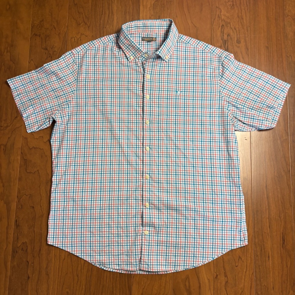 Peter Millar Summer Comfort Plaid Short Sleeve Shirt XL Blue Pink Performance